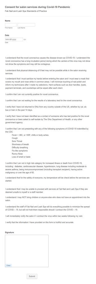 Covid 19 Eyelash Services Consent Form Template