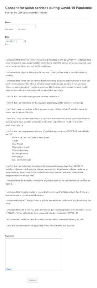 Covid 19 Eyelash Services Consent Form Template