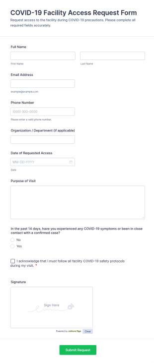 COVID 19 Facility Access Request Form Template