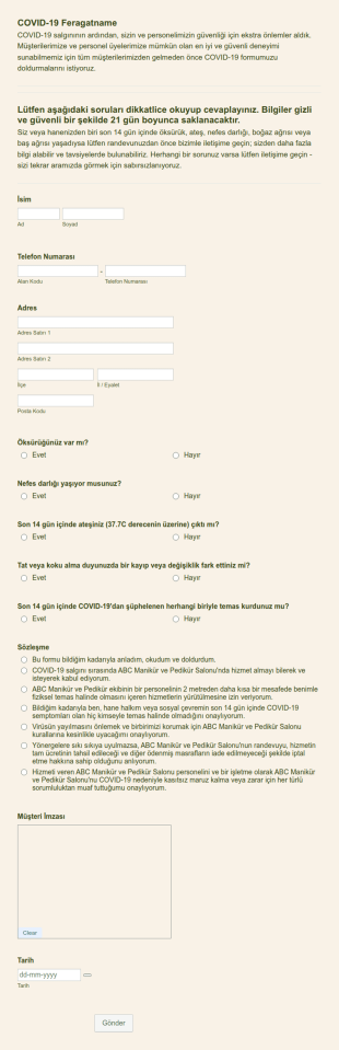 COVID 19 Feragatname Form Şablonu