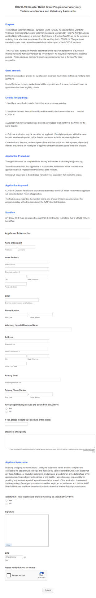 COVID 19 Financial Assistance Application Form For Veterinarians