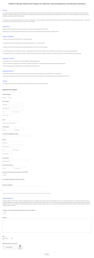 COVID 19 Financial Assistance Application Form For Veterinarians