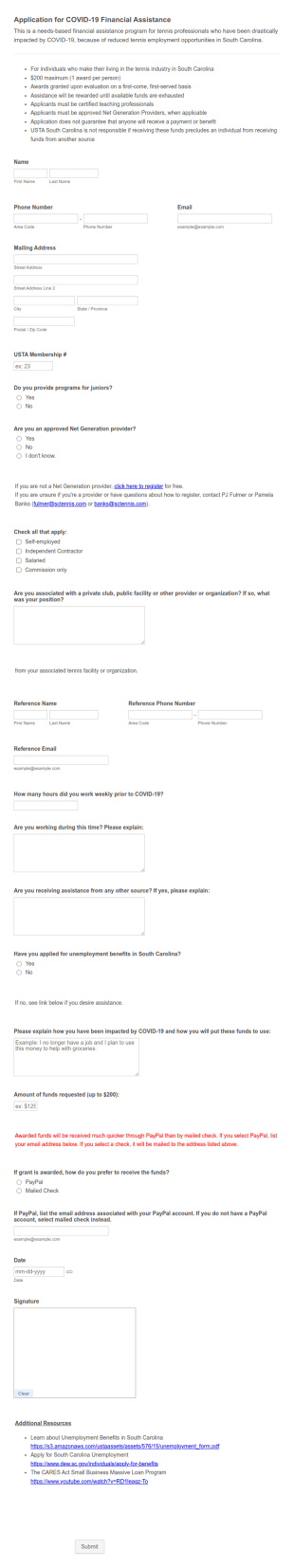 COVID 19 Financial Assistance Application Form Template
