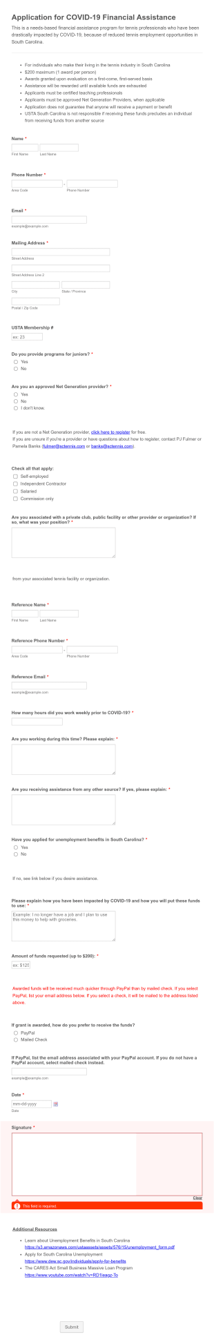 COVID 19 Financial Assistance Application Form Template