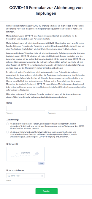 COVID 19 Formular Zur Ablehnung Von Impfungen