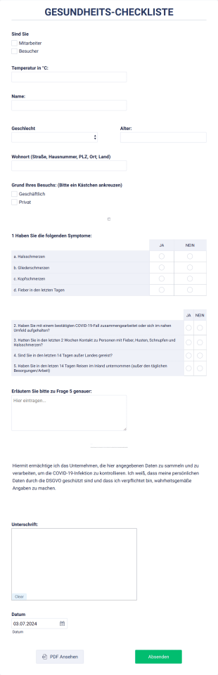 Covid 19 Gesundheits Checkliste Form Template