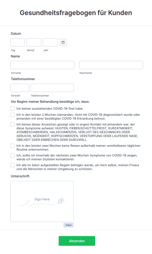 COVID 19 Gesundheitsfragebogen Für Kunden