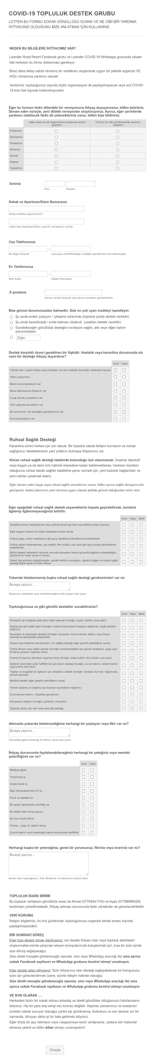 Covid 19 Gönüllü Kayıt Form Şablonu