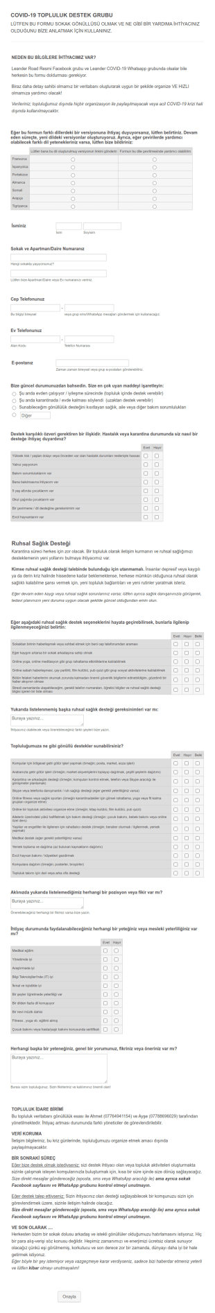 Covid 19 Gönüllü Kayıt Form Şablonu