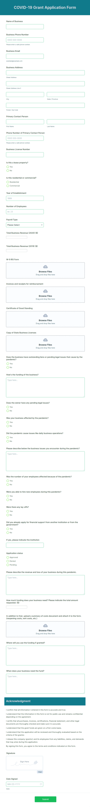 COVID 19 Grant Application Form Template