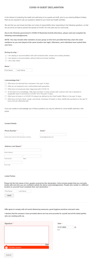 COVID 19 Guest Declaration Form Template