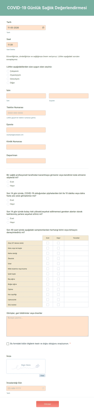 COVID 19 Günlük Sağlık Değerlendirmesi Form Şablonu
