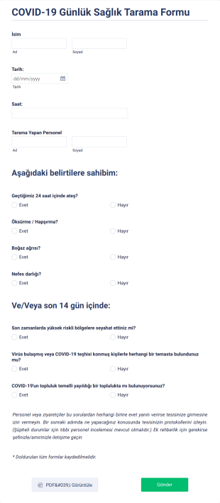 COVID 19 Günlük Sağlık Tarama Form Şablonu