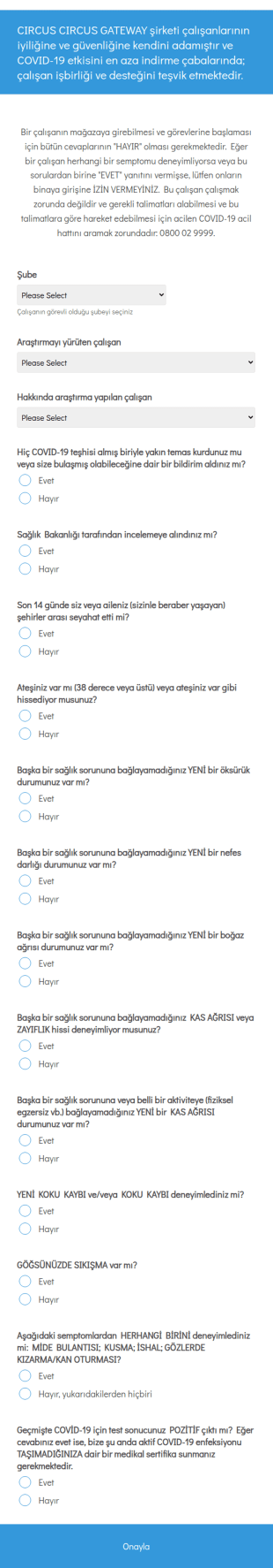 Covıd 19 Günlük Tarama! Form Şablonu