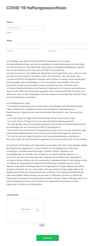 COVID 19 Haftungsausschluss Form Template