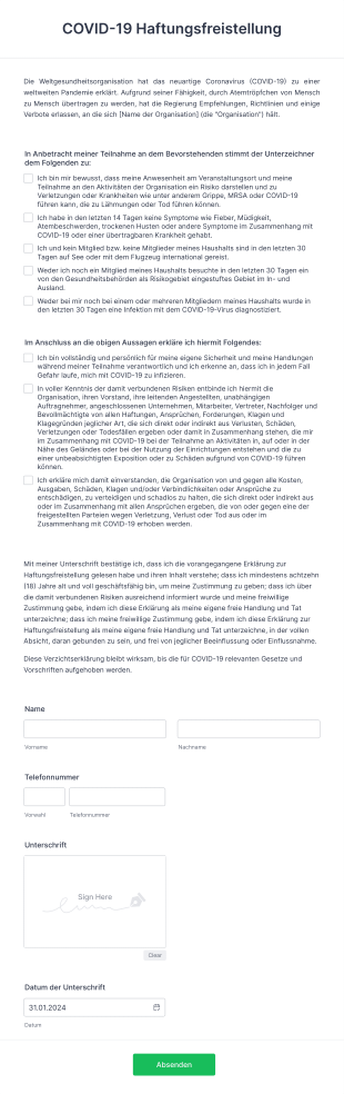 COVID 19 Haftungsfreistellung Form Template
