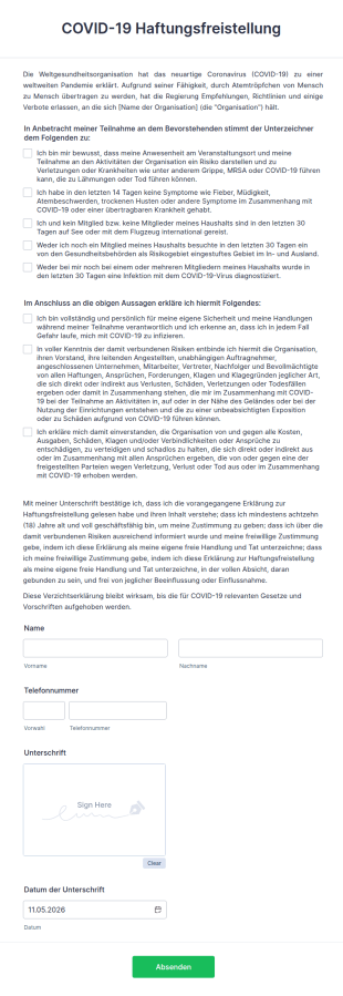 COVID 19 Haftungsfreistellung