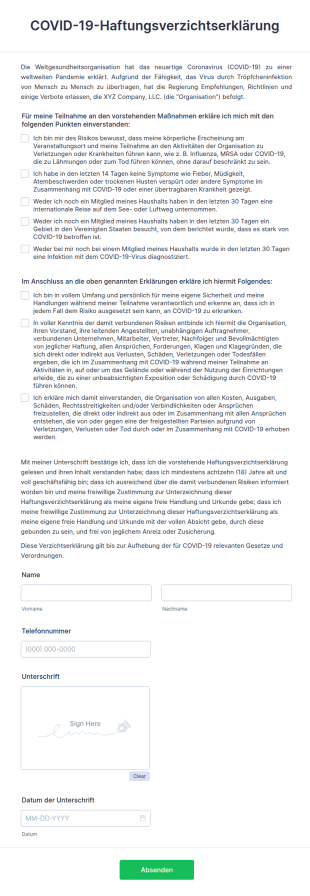COVID 19 Haftungsverzichtserklärung