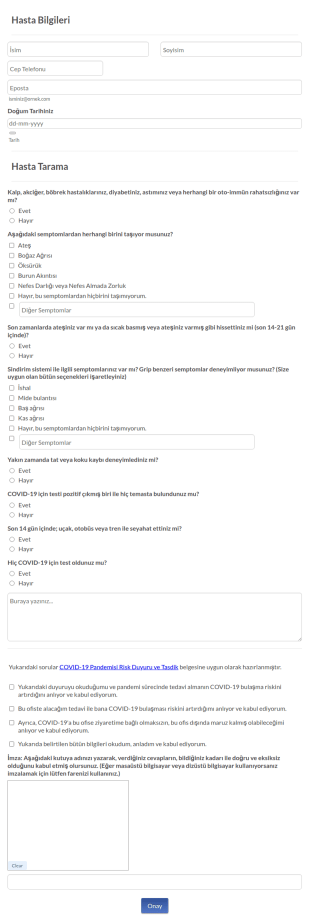 COVID 19 Hasta Ön Tarama İfşa Formu V3 Form Şablonu