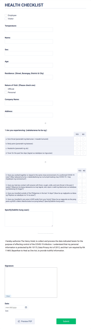 Covid 19 Health Checklist Form Template