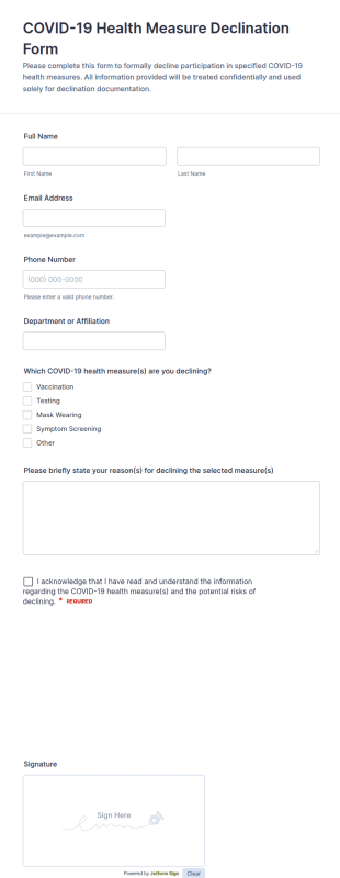 COVID 19 Health Measure Declination Form Template