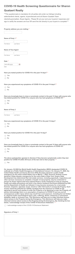 COVID 19 Health Screening Questionnaire Form Template