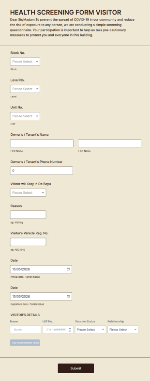 Covid 19 Health Screening Visitor Form Template