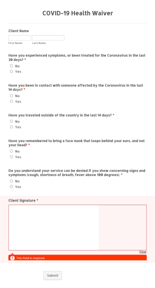 COVID 19 Health Waiver Form Template