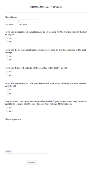 COVID 19 Health Waiver Form Template