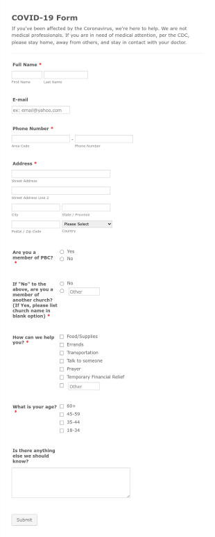 COVID 19 Help Request Form Template
