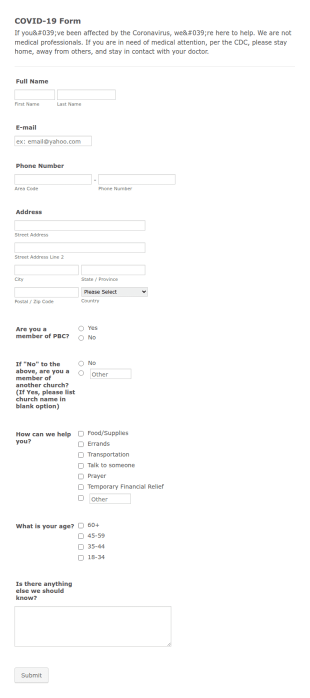 COVID 19 Help Request Form Template