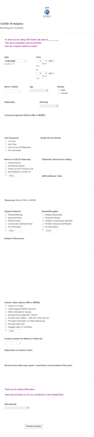 COVID 19 Helpline Report Form Template