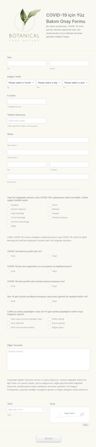 COVID 19 Için Yüz Bakım Onay Form Template