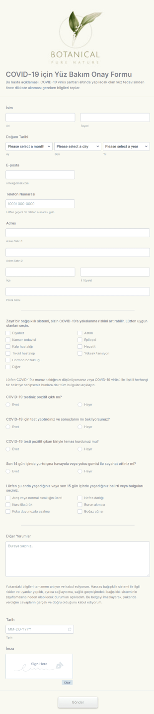 COVID 19 Için Yüz Bakım Onay Form Şablonu