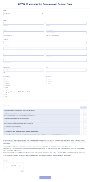COVID 19 Immunization Screening And Consent Form Template