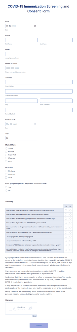 COVID 19 Immunization Screening And Consent Form Template