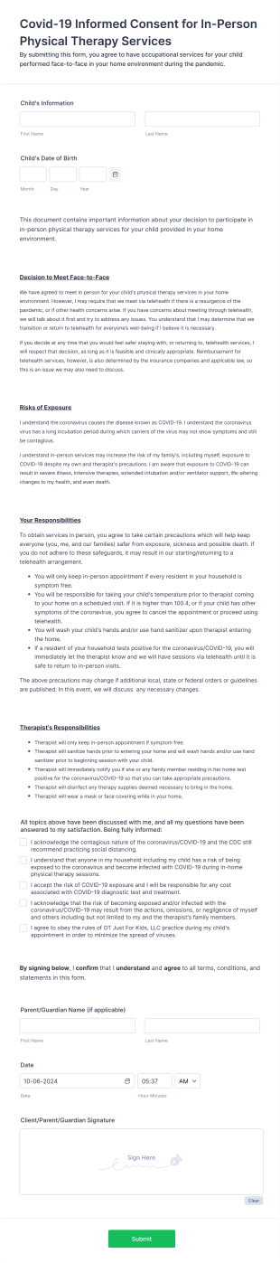 Covid 19 Informed Consent For In Person Physical Therapy Services Form Template