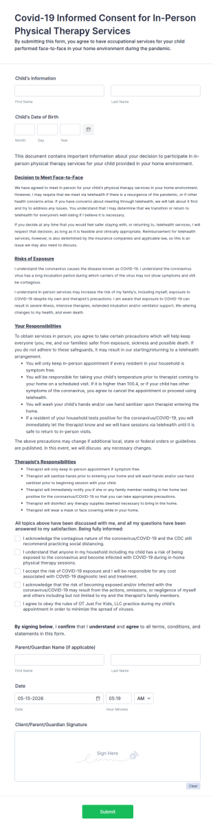 Covid 19 Informed Consent For In Person Physical Therapy Services Form Template