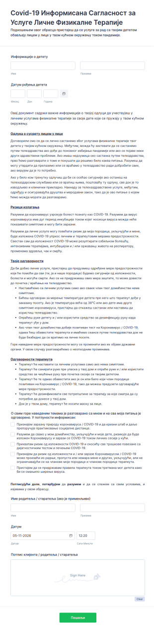 Covid 19 Информисана Сагласност за Услуге Личне Физикалне