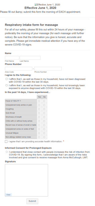 COVID 19 Intake Form For Massage Therapy