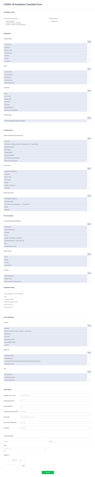 COVID 19 Intubation Checklist Form Template
