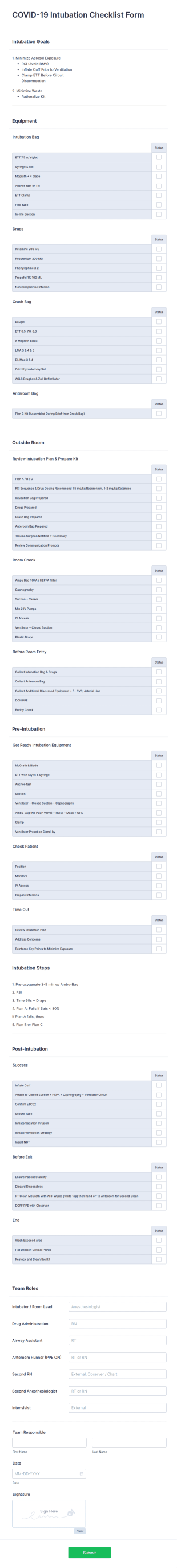 COVID 19 Intubation Checklist Form Template
