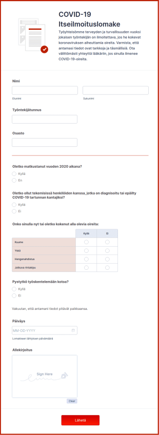 COVID 19 Itseilmoituslomake