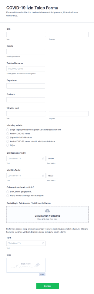 COVID 19 İzin Talep Form Şablonu