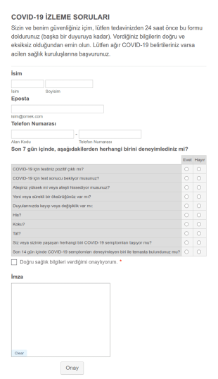 COVID 19 İzleme Anketi Form Şablonu