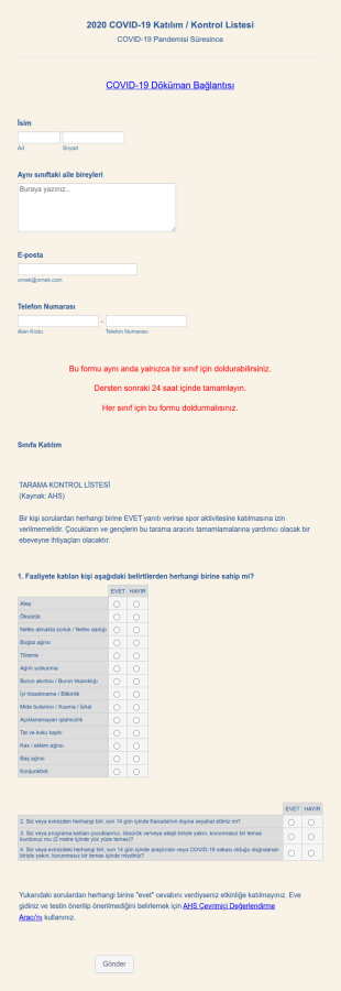 COVID 19 Katılım / Kontrol Listesi Form Şablonu