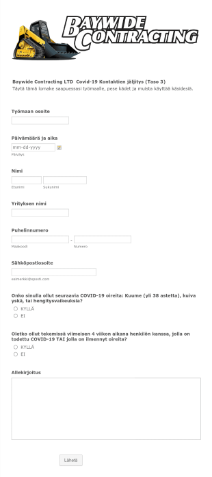 COVID 19 Kontaktien Jäljityslomake Form Template