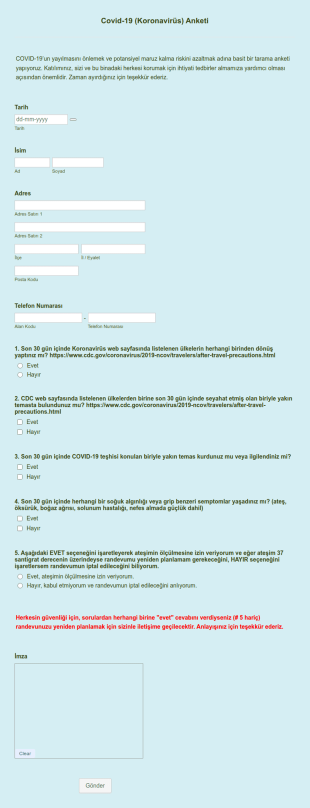 Covid 19 (Koronavirüs) Anketi Form Şablonu
