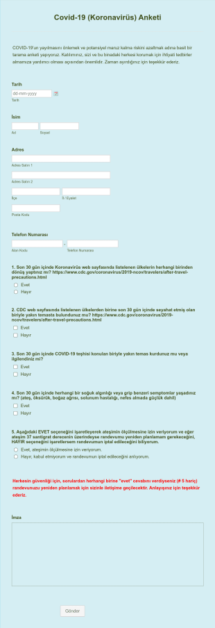 Covid 19 (Koronavirüs) Anketi Form Şablonu