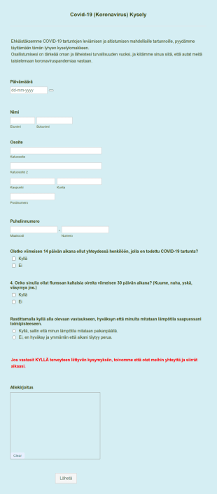 Covid 19 (koronavirus) Kysely
